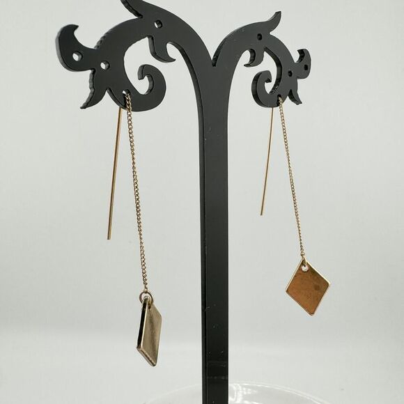 Vintage Gold Tone Diamond Shape Threader Earrings Modern Minimalist Dangle Drop - Picture 4 of 8